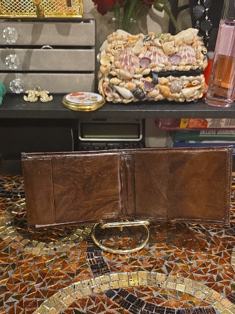 Vintage Brown Leather Money Clip with Gold Accent